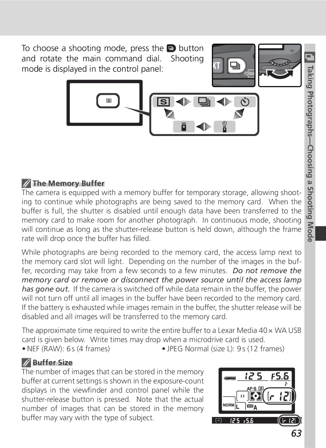 Nikon D70 manual Memory Buffer, Buffer Size, Taking Photographs-Choosing a Shooting Mode 