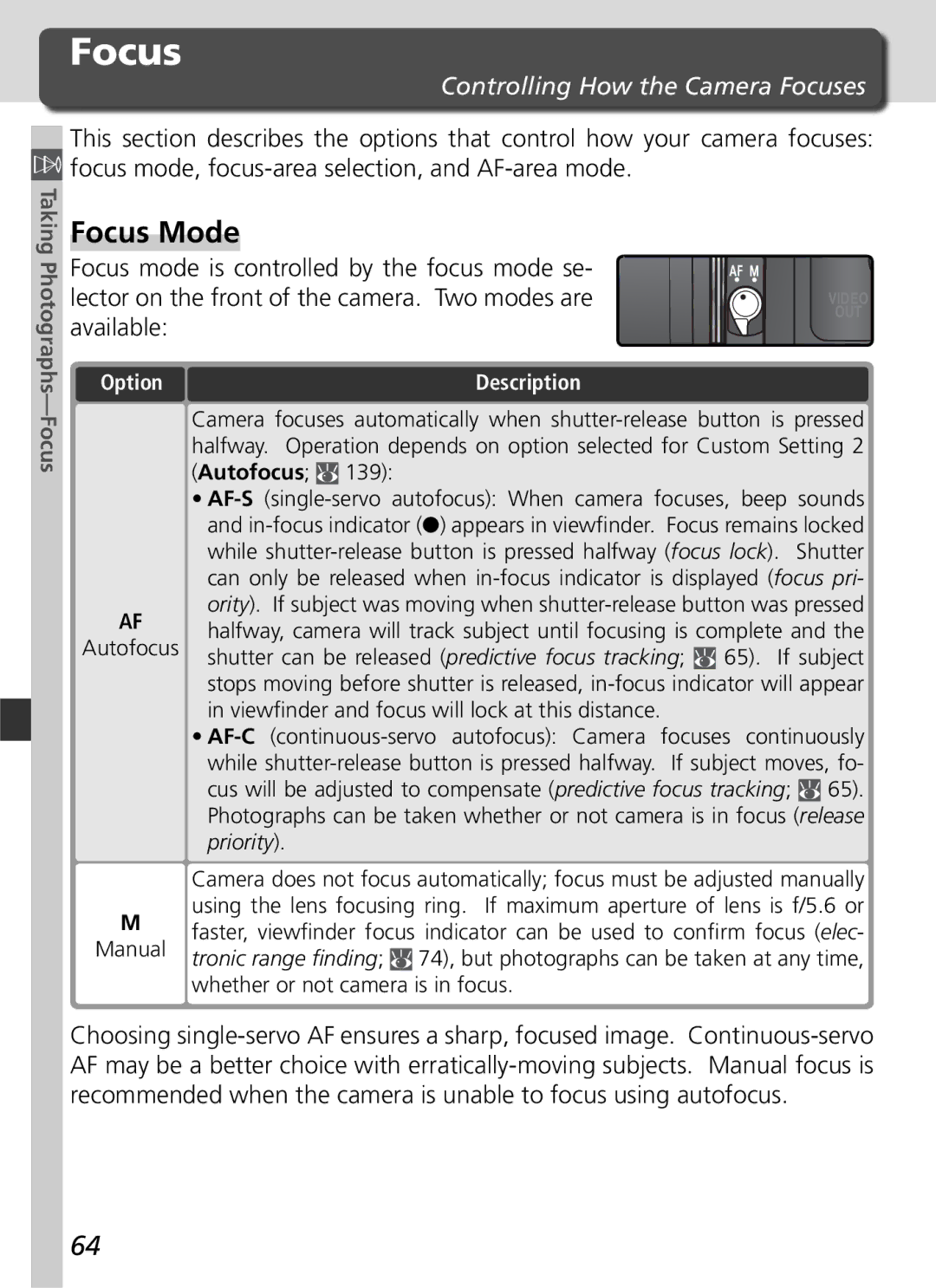 Nikon D70 manual Focus Mode, Controlling How the Camera Focuses, Available, Taking Photographs-Focus 