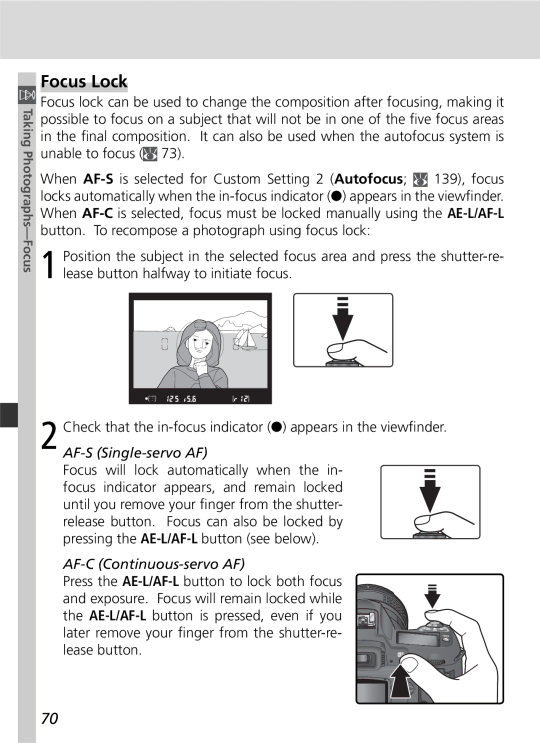 Nikon D70 manual Focus Lock, AF-C Continuous-servo AF 