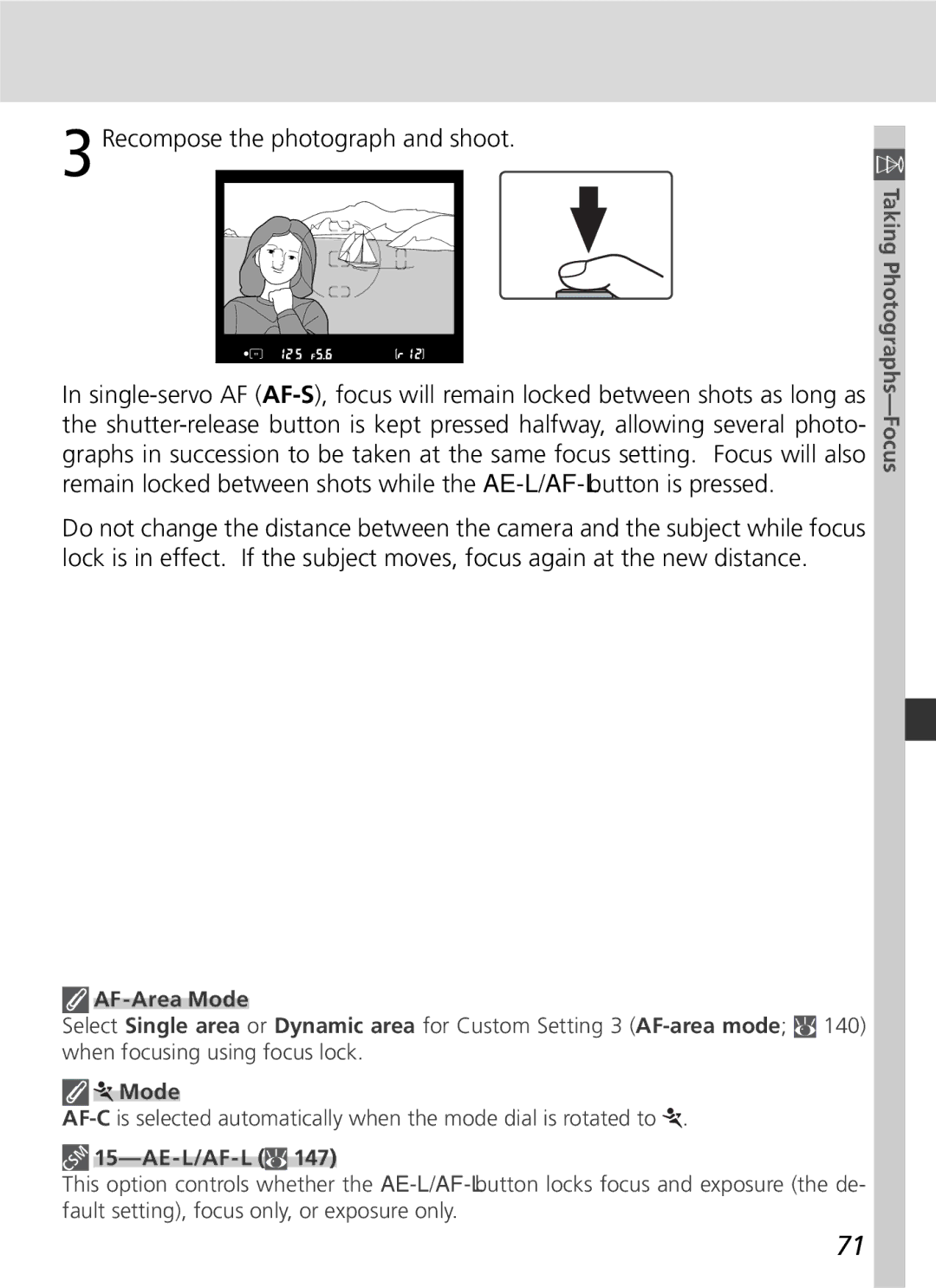 Nikon D70 manual Recompose the photograph and shoot, Ae-L/Af-L 