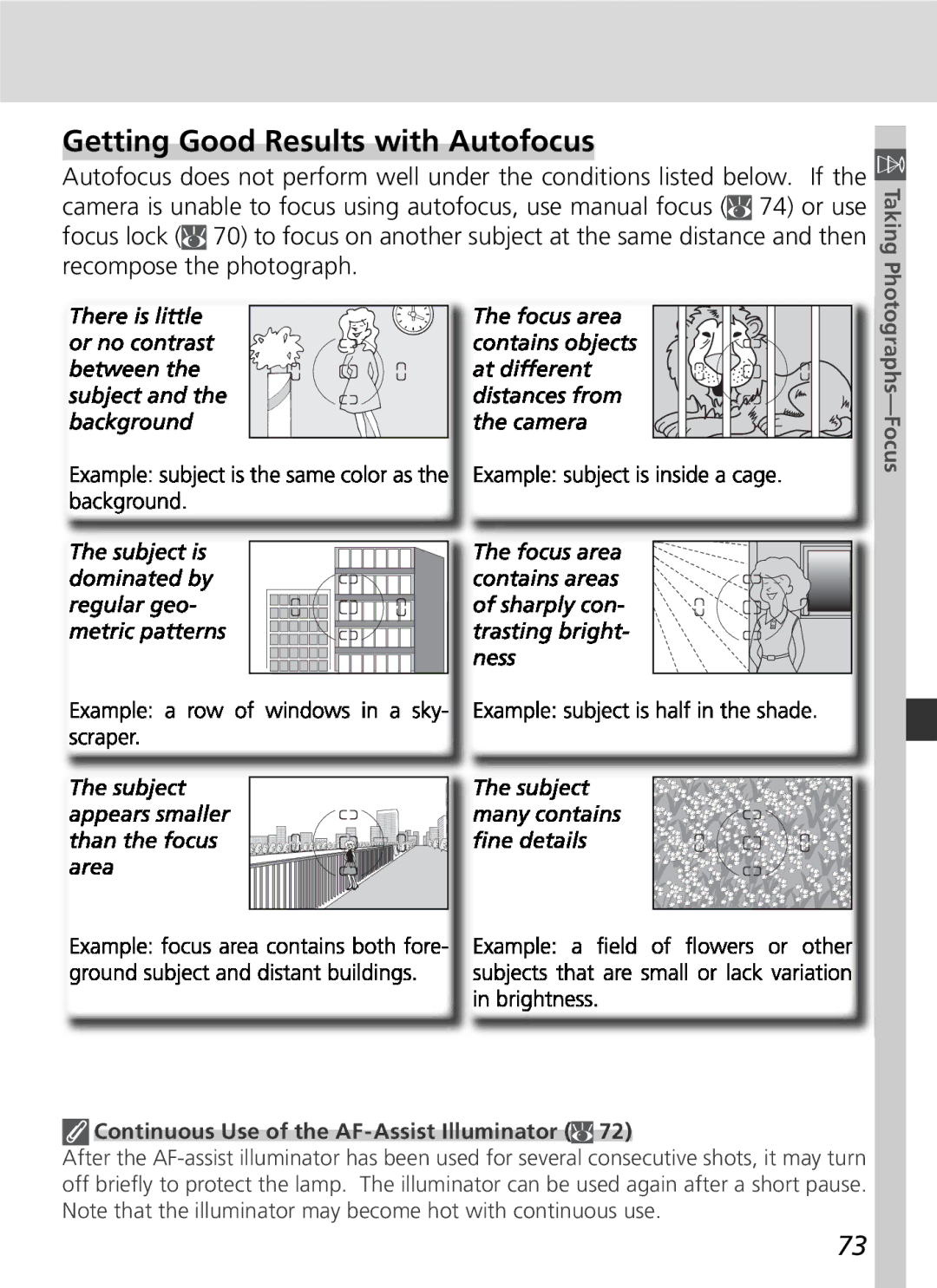 Nikon D70 manual Getting Good Results with Autofocus, Continuous Use of the AF-Assist Illuminator 