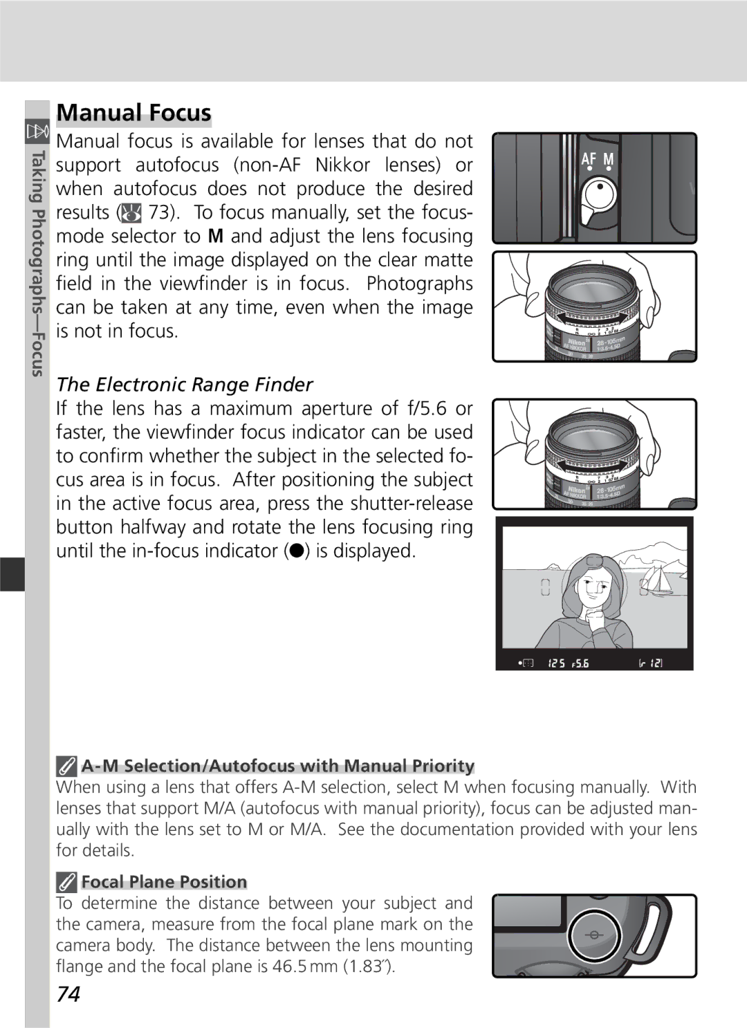 Nikon D70 manual Manual Focus, Electronic Range Finder, Selection/Autofocus with Manual Priority, Focal Plane Position 