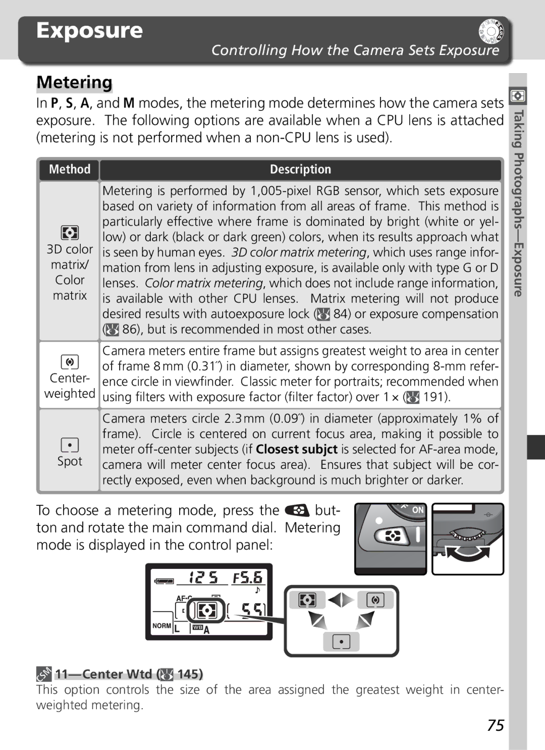 Nikon D70 manual Metering, Controlling How the Camera Sets Exposure, Center Wtd, Taking Photographs-Exposure 