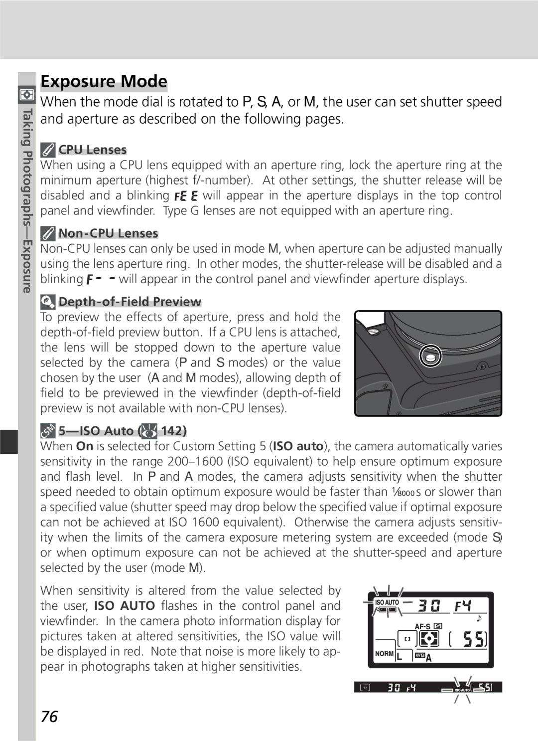 Nikon D70 manual Exposure Mode, CPU Lenses, Depth-of-Field Preview 