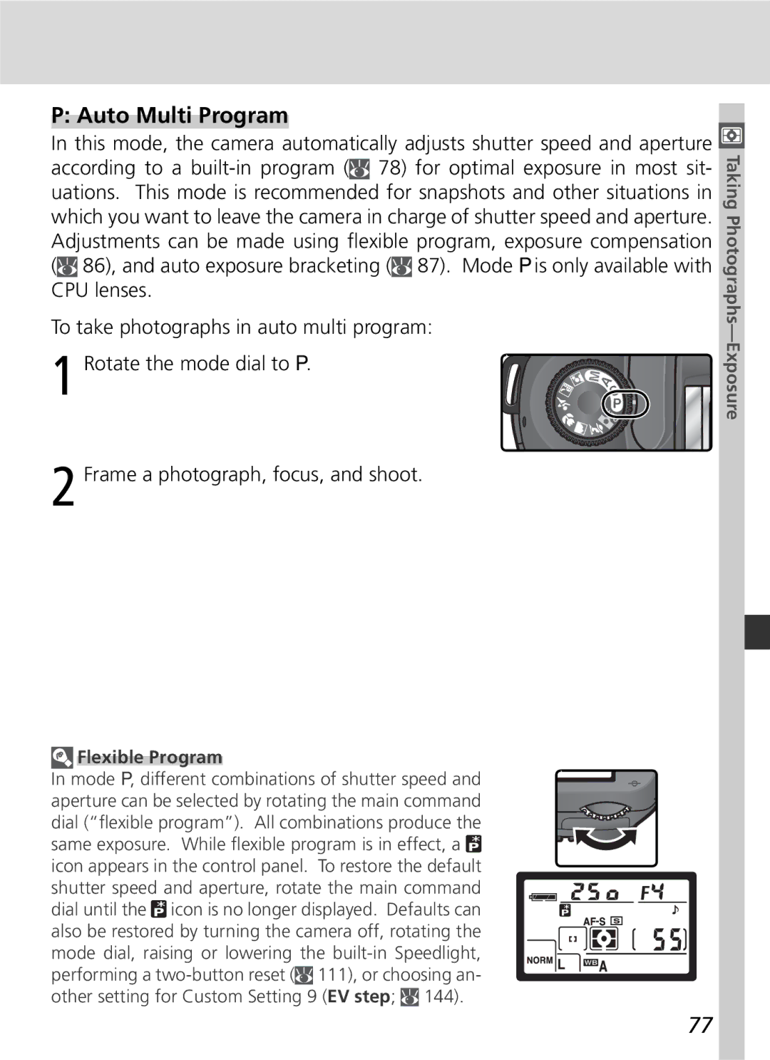 Nikon D70 manual Auto Multi Program, Flexible Program 