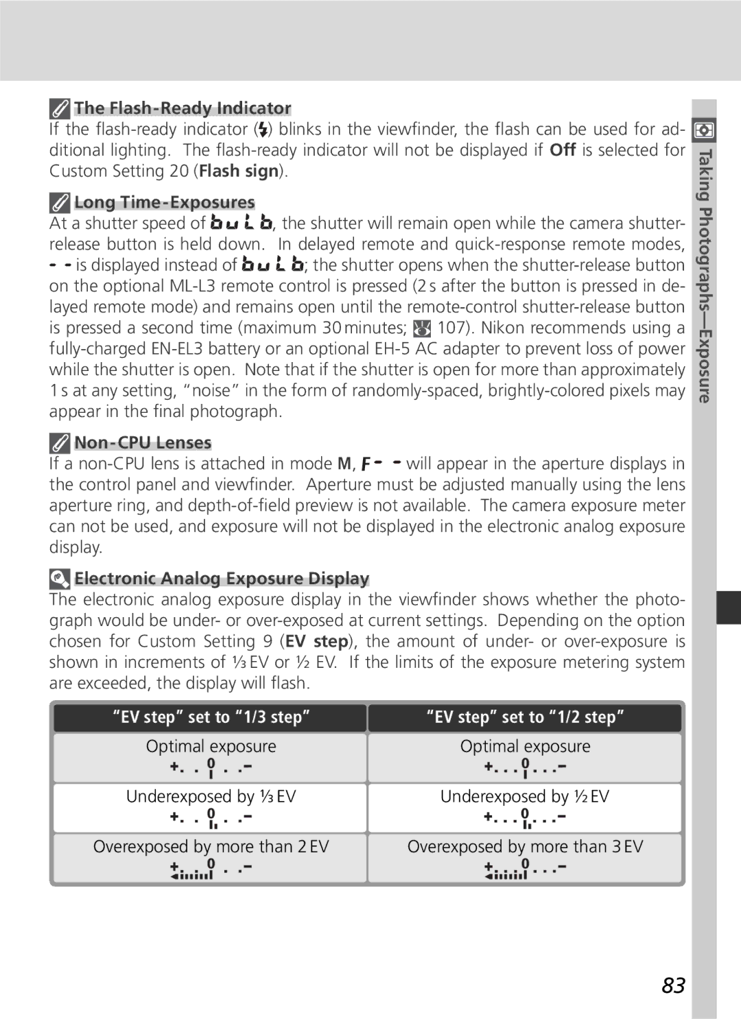 Nikon D70 manual Flash-Ready Indicator, Long Time-Exposures, Electronic Analog Exposure Display 