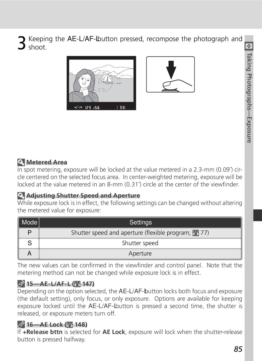 Nikon D70 manual Metered Area, Adjusting Shutter Speed and Aperture, AE Lock 