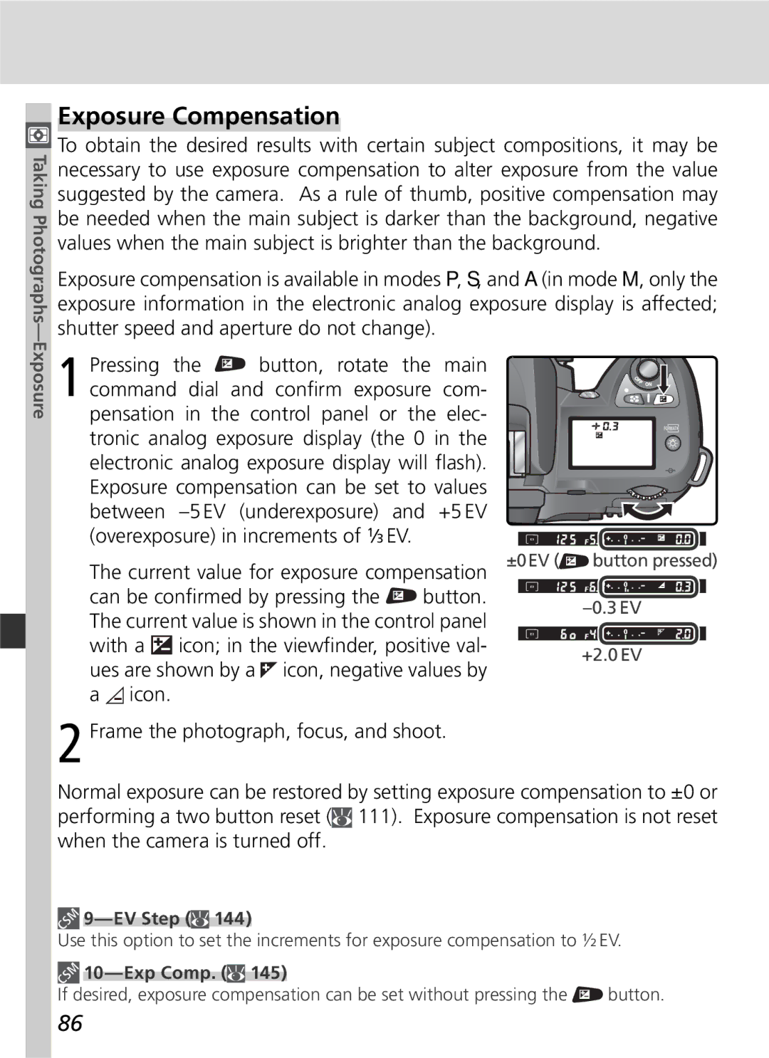 Nikon D70 manual Exposure Compensation, EV Step, Exp Comp 