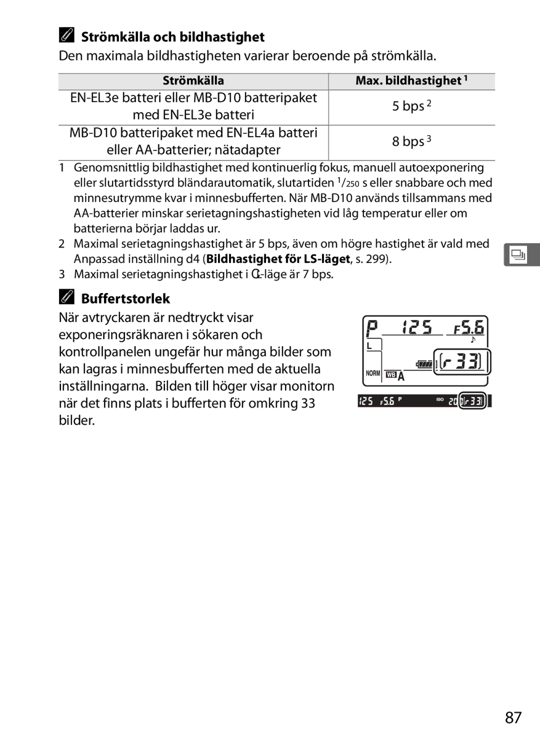 Nikon D700 manual Strömkälla och bildhastighet, Buffertstorlek 