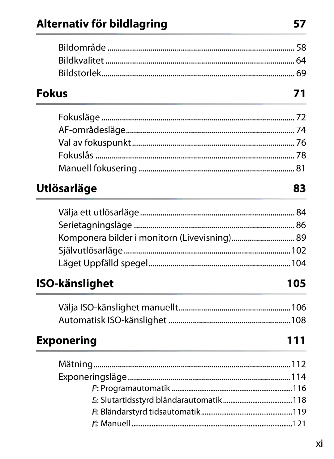 Nikon D700 manual Alternativ för bildlagring, Fokus, ISO-känslighet 105, Exponering 111 