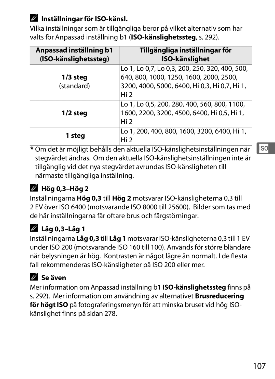 Nikon D700 manual 107, Inställningar för ISO-känsl, Tillgängliga inställningar för ISO-känslighet, Hög 0,3-Hög, Låg 0,3-Låg 