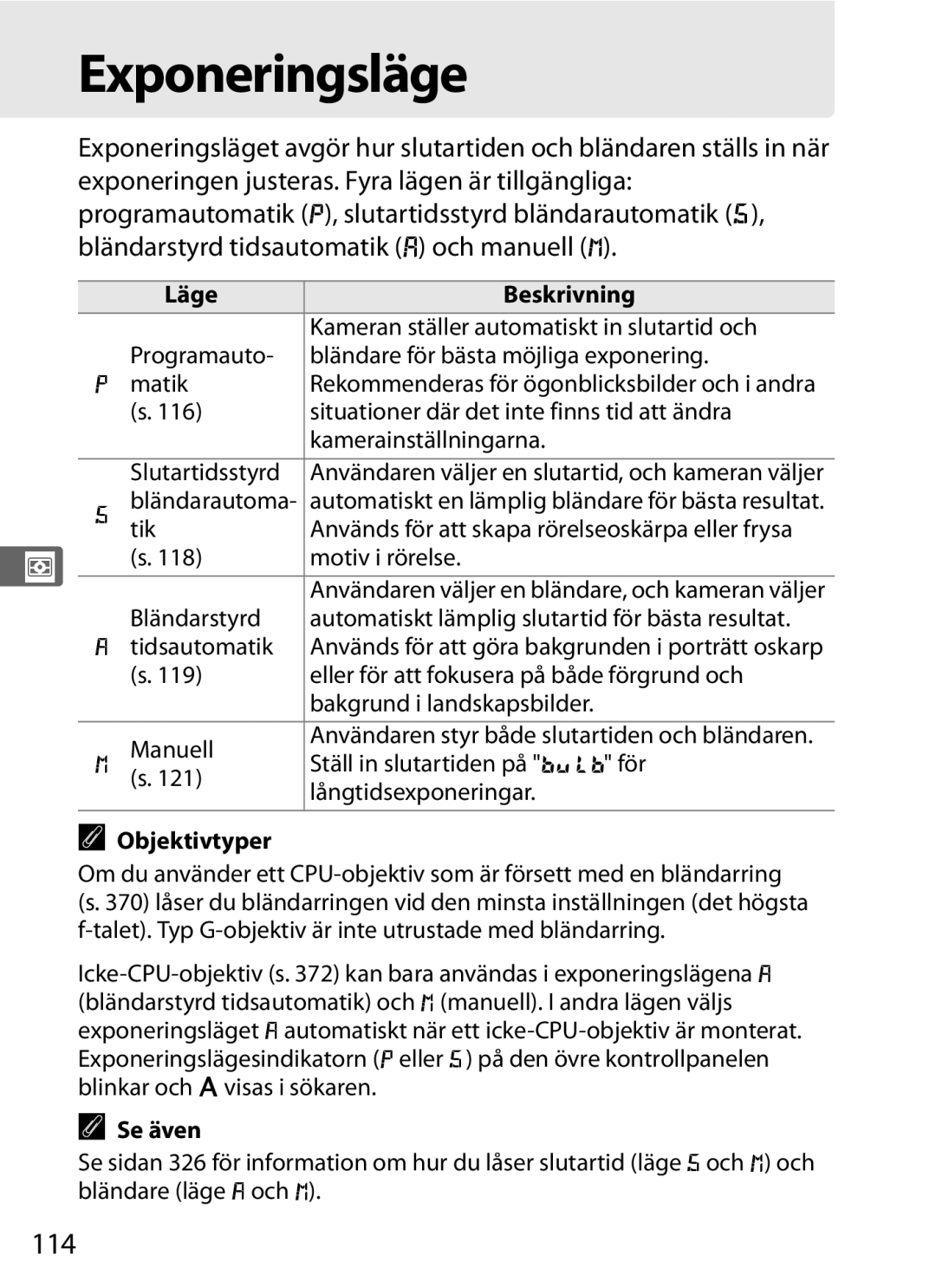 Nikon D700 manual Exponeringsläge, 114, Läge Beskrivning, Objektivtyper 