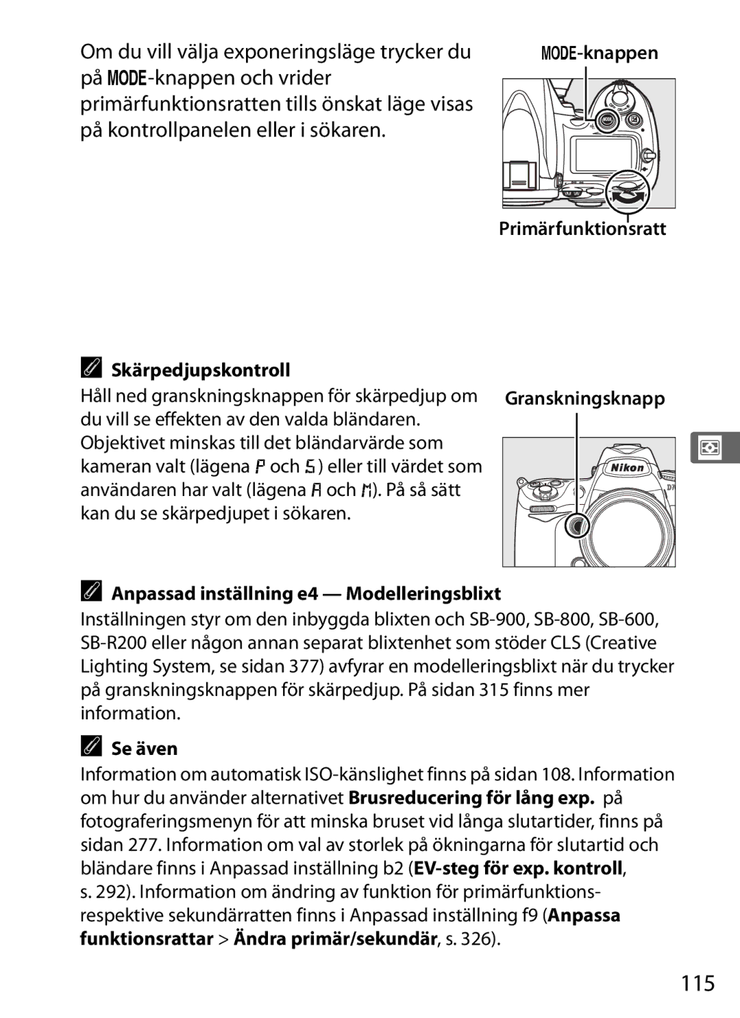 Nikon D700 manual 115, Skärpedjupskontroll, Granskningsknapp, Anpassad inställning e4 Modelleringsblixt 