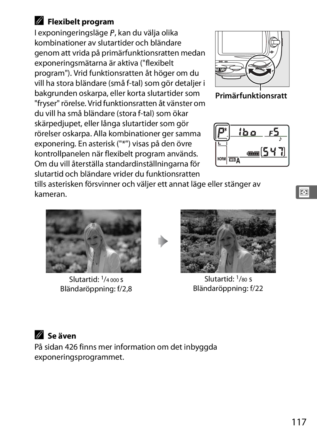 Nikon D700 manual 117, Flexibelt program, Primärfunktionsratt 