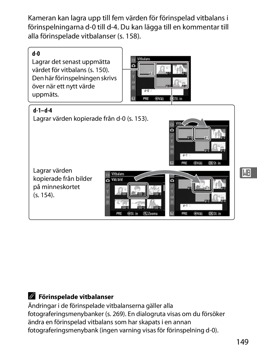 Nikon D700 manual 149, D-4, Lagrar värden kopierade från d-0 s, Förinspelade vitbalanser 