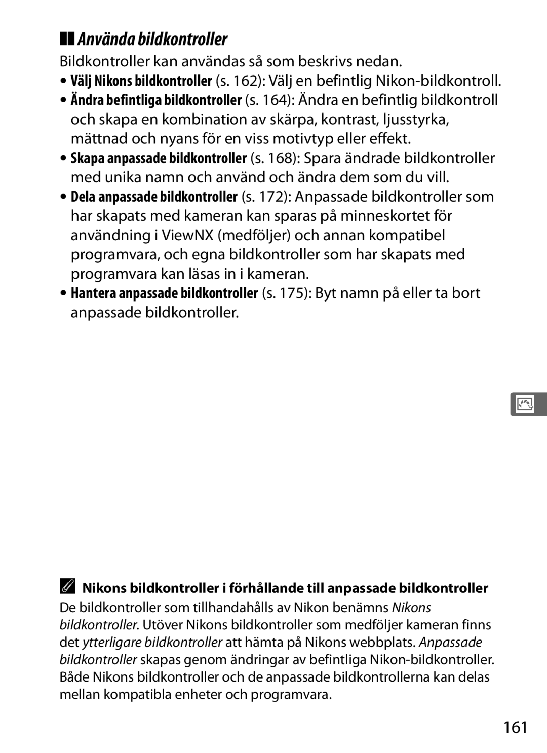 Nikon D700 manual Använda bildkontroller, 161, Bildkontroller kan användas så som beskrivs nedan 