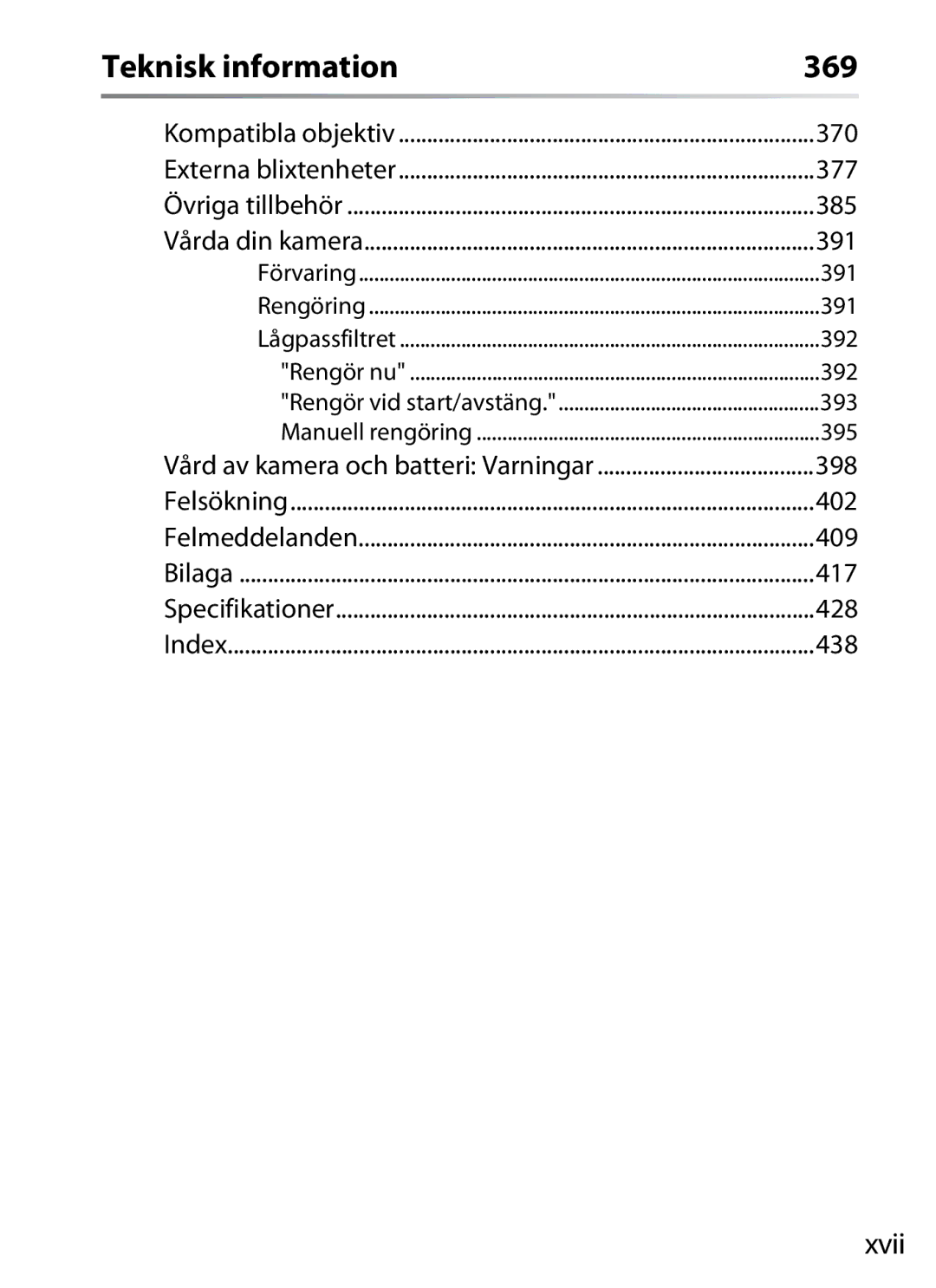 Nikon D700 manual Teknisk information 369, Xvii 