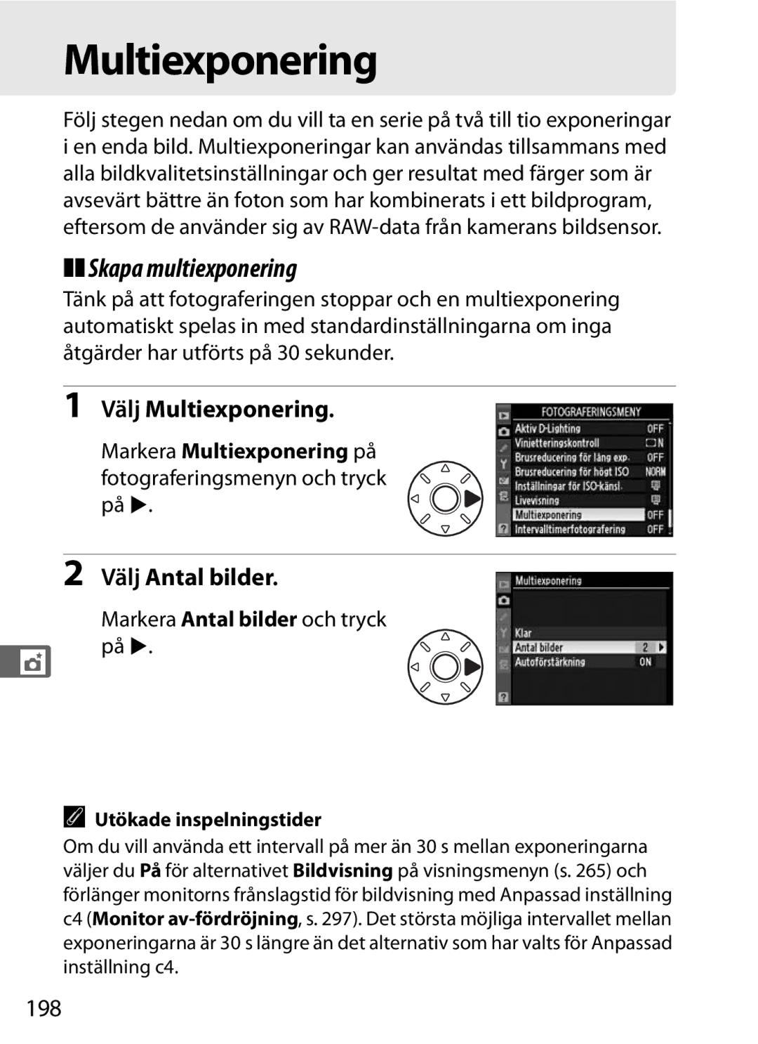 Nikon D700 manual Skapa multiexponering, Välj Multiexponering, 198 