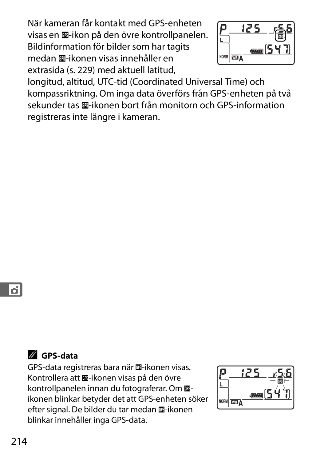 Nikon D700 manual 214, GPS-data 