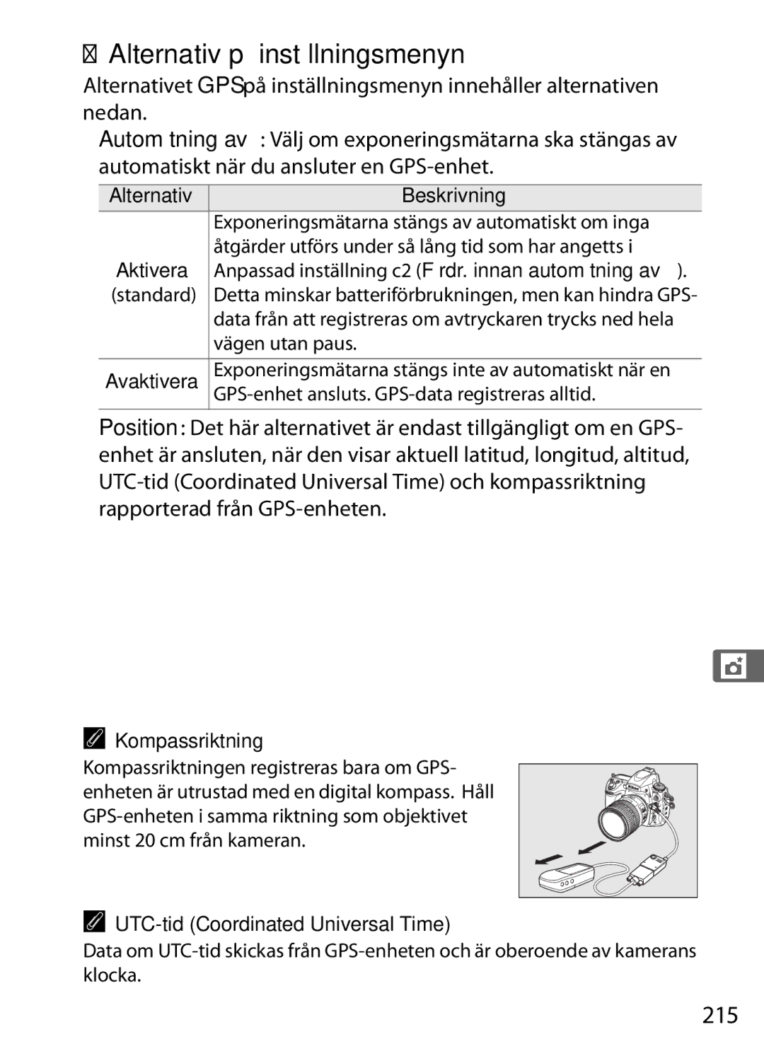 Nikon D700 manual Alternativ på inställningsmenyn, 215, Kompassriktning, UTC-tid Coordinated Universal Time 