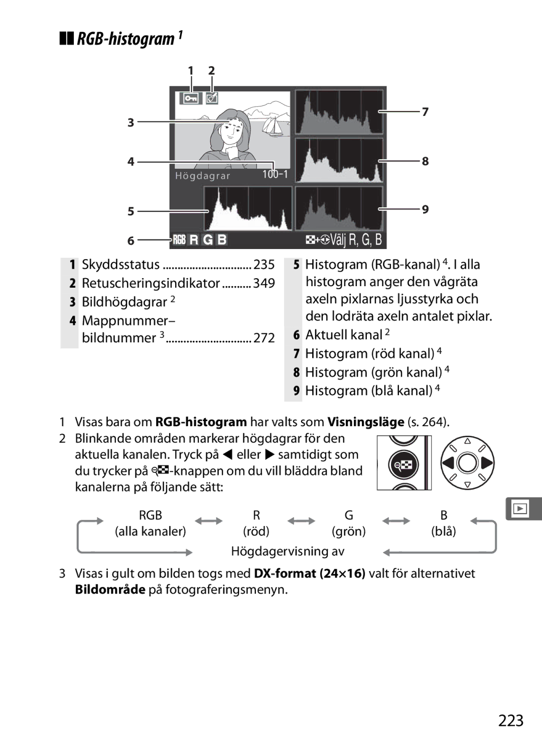 Nikon D700 manual RGB-histogram, 223, Bildhögdagrar Mappnummer 