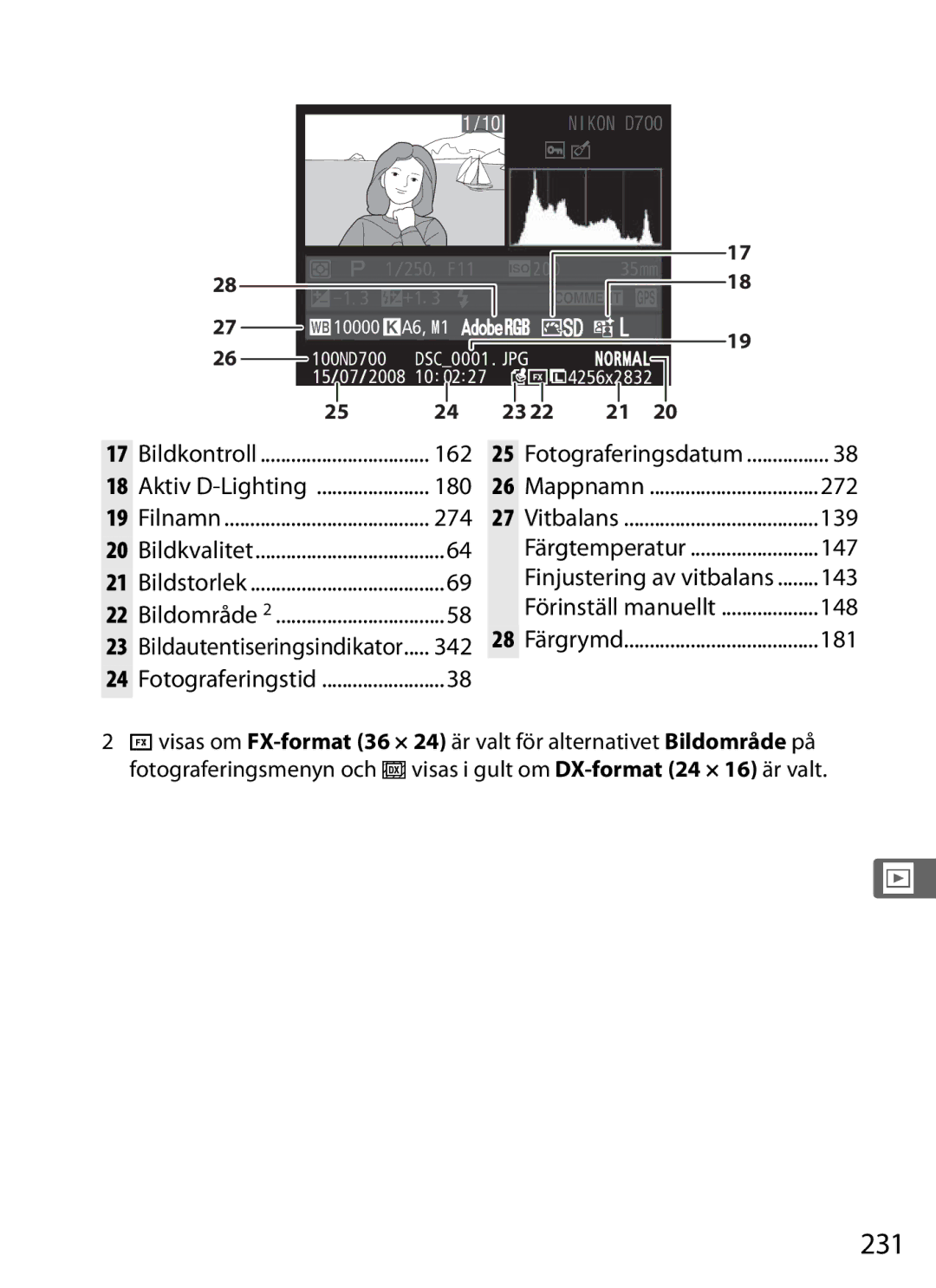 Nikon D700 manual 231, 274, Bildautentiseringsindikator 342 