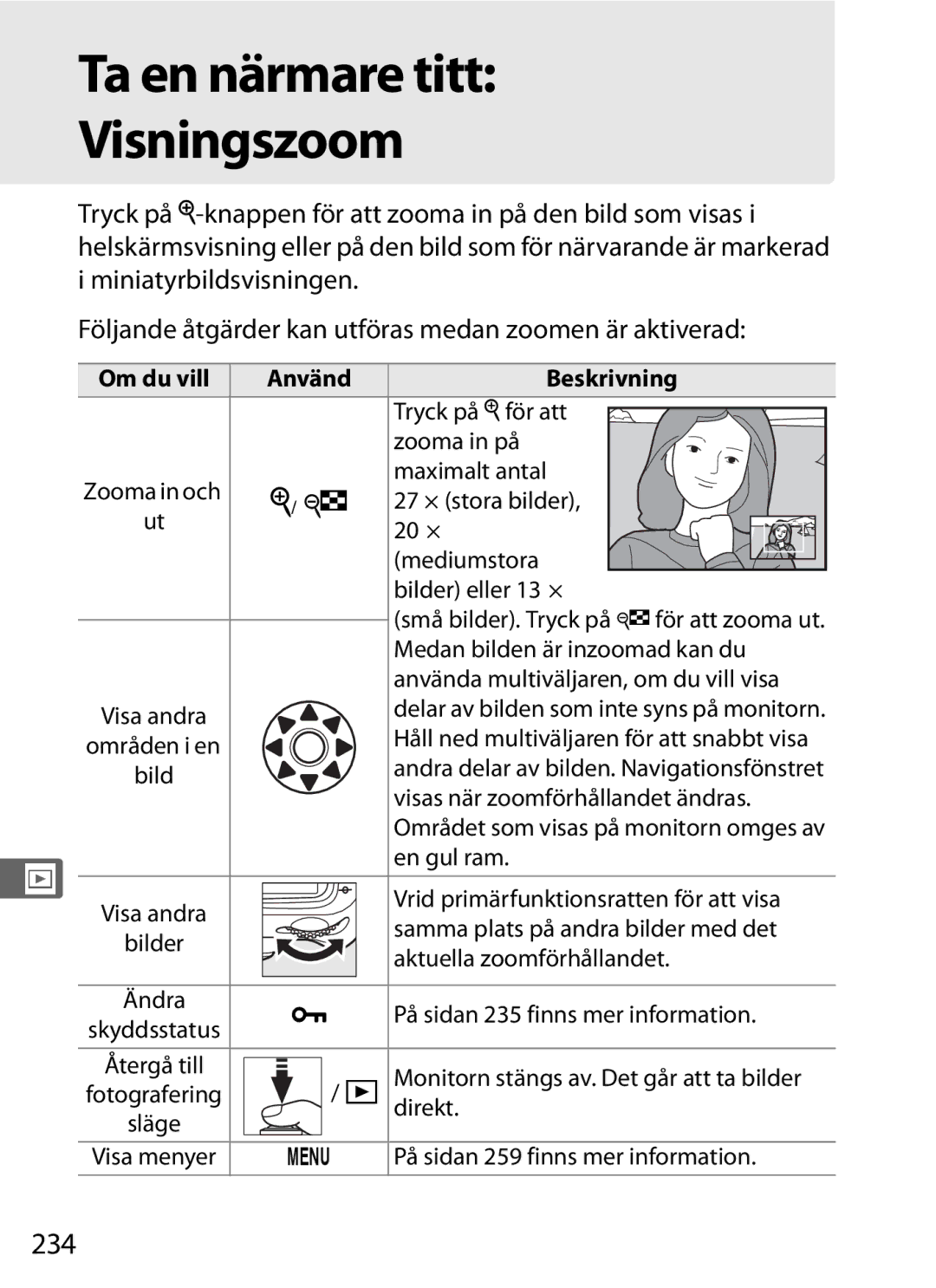 Nikon D700 manual Ta en närmare titt Visningszoom, 234 