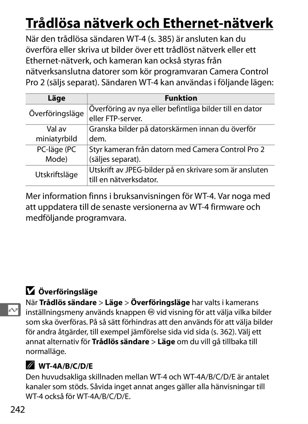 Nikon D700 manual Trådlösa nätverk och Ethernet-nätverk, 242, Funktion, Överföringsläge 