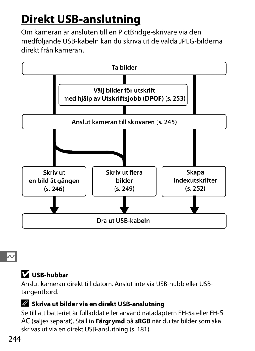 Nikon D700 manual 244, Dra ut USB-kabeln USB-hubbar, Skriva ut bilder via en direkt USB-anslutning 