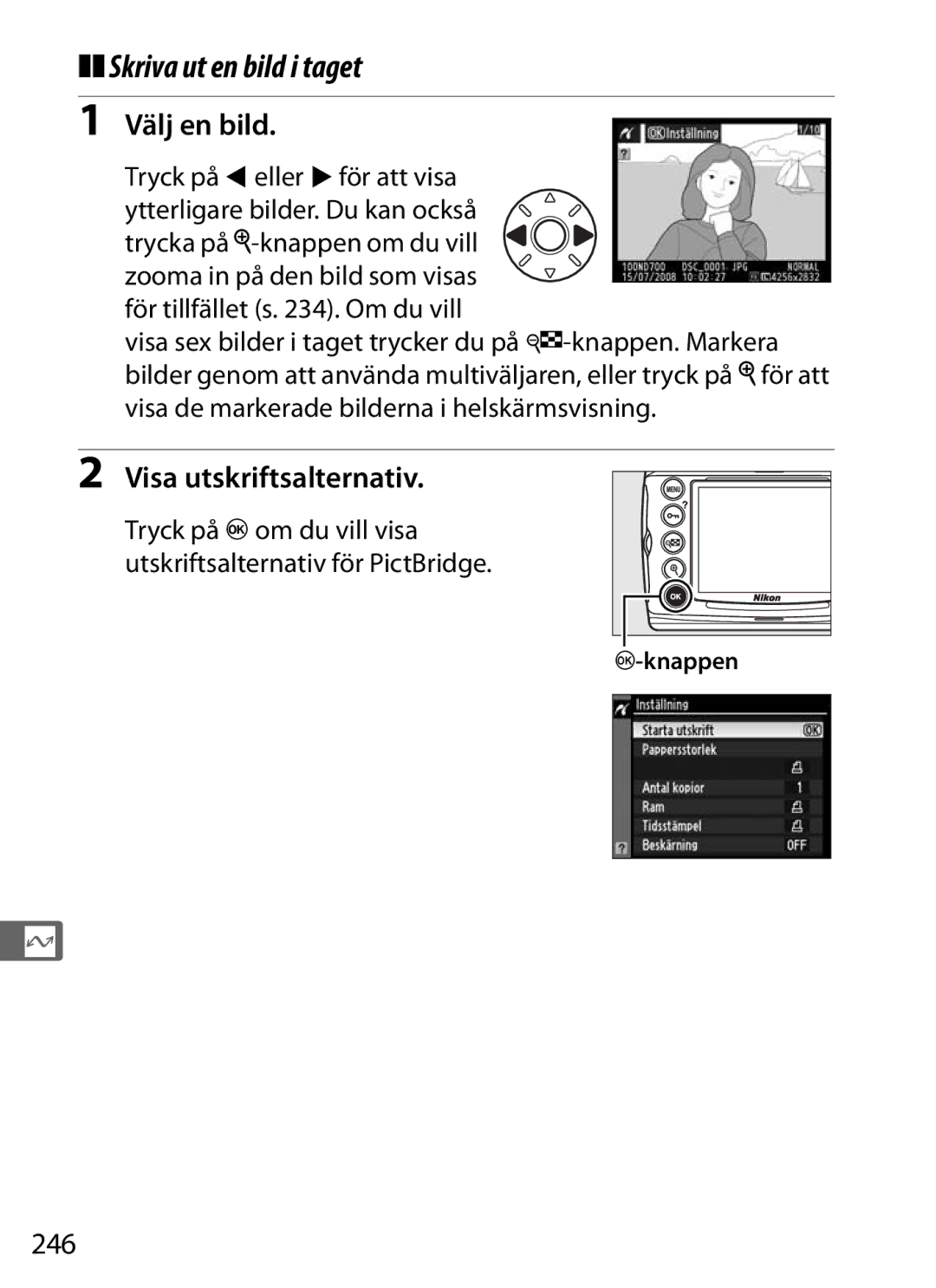 Nikon D700 manual Skriva ut en bild i taget, Visa utskriftsalternativ, 246 
