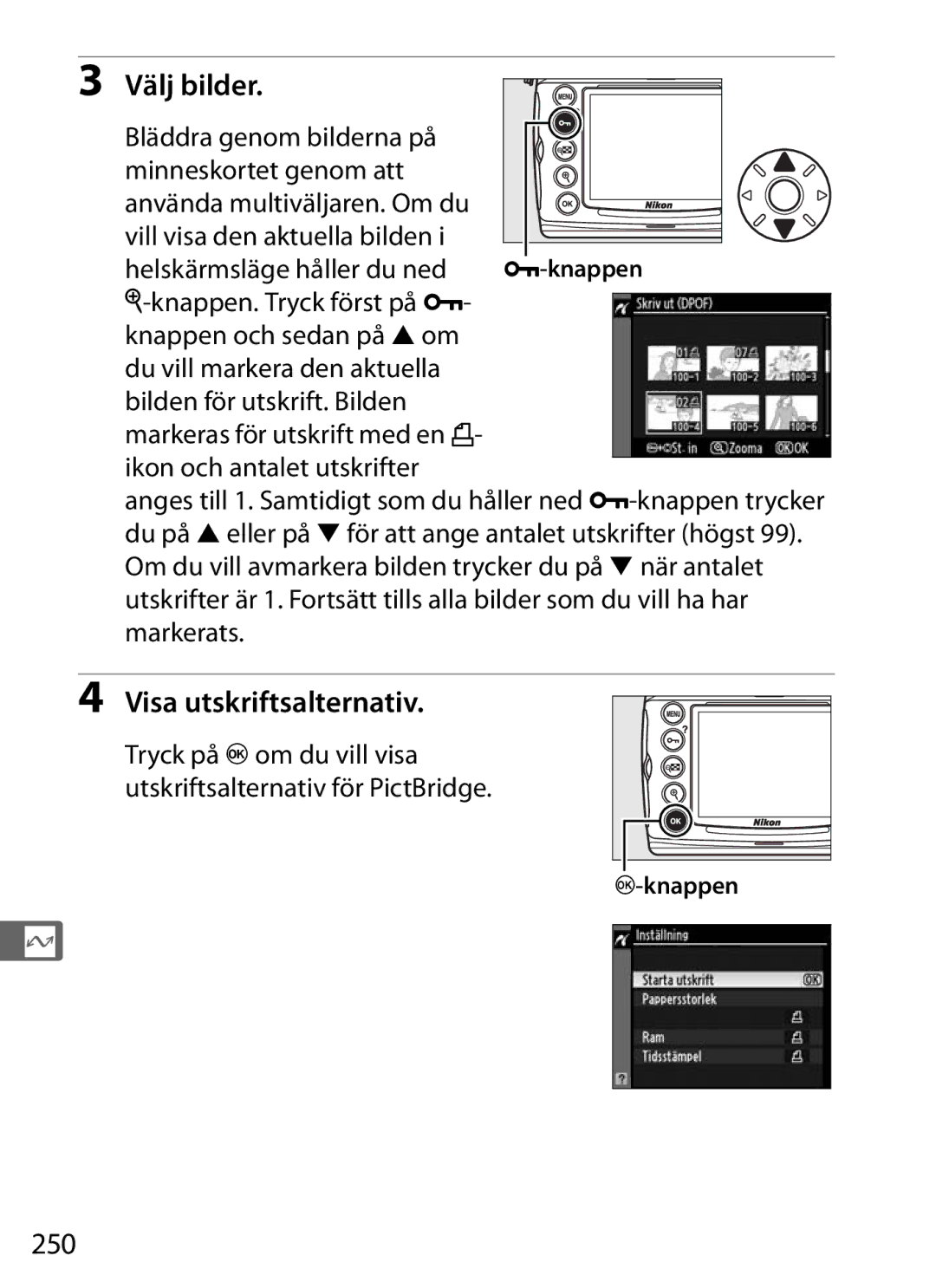 Nikon D700 manual Välj bilder, 250 