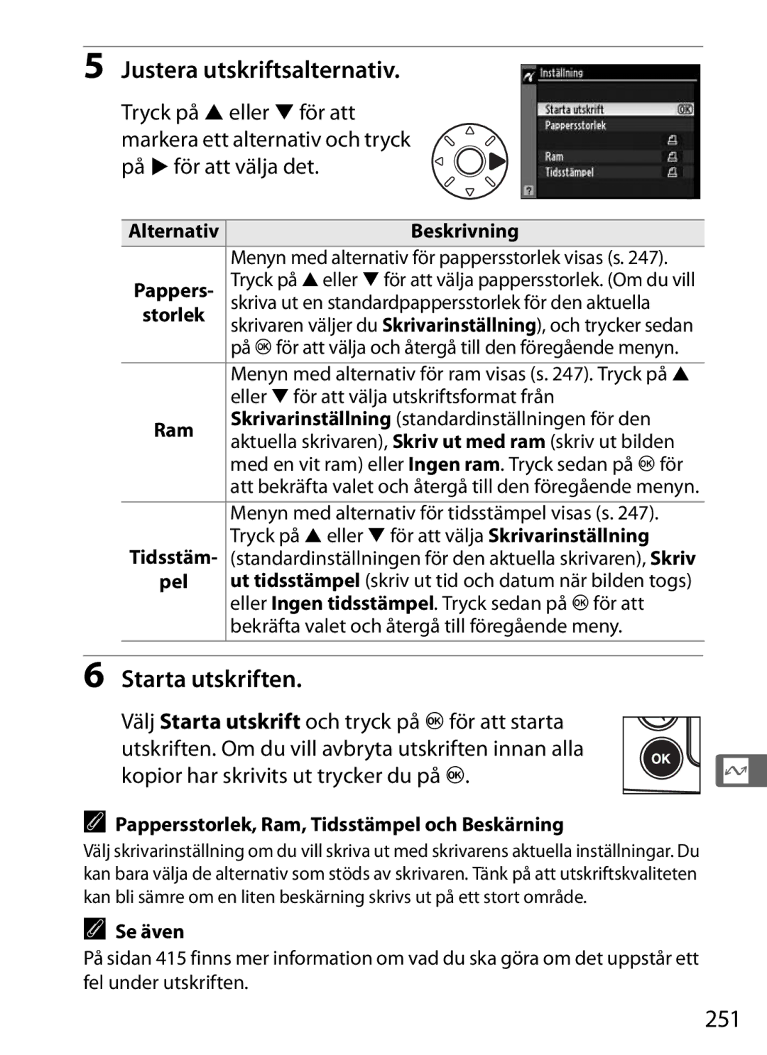 Nikon D700 manual 251, Pappersstorlek, Ram, Tidsstämpel och Beskärning 