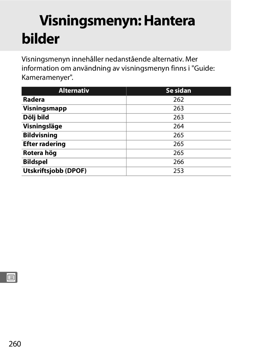 Nikon D700 manual DVisningsmenyn Hantera bilder, 260 