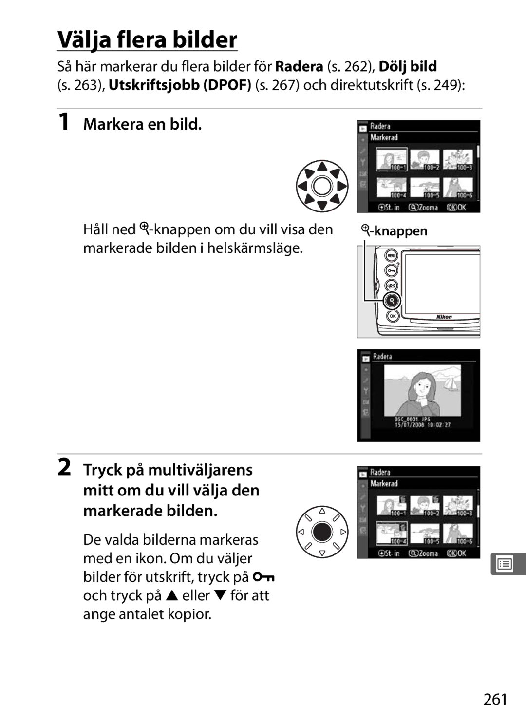Nikon D700 manual Välja flera bilder, Markera en bild, 261 