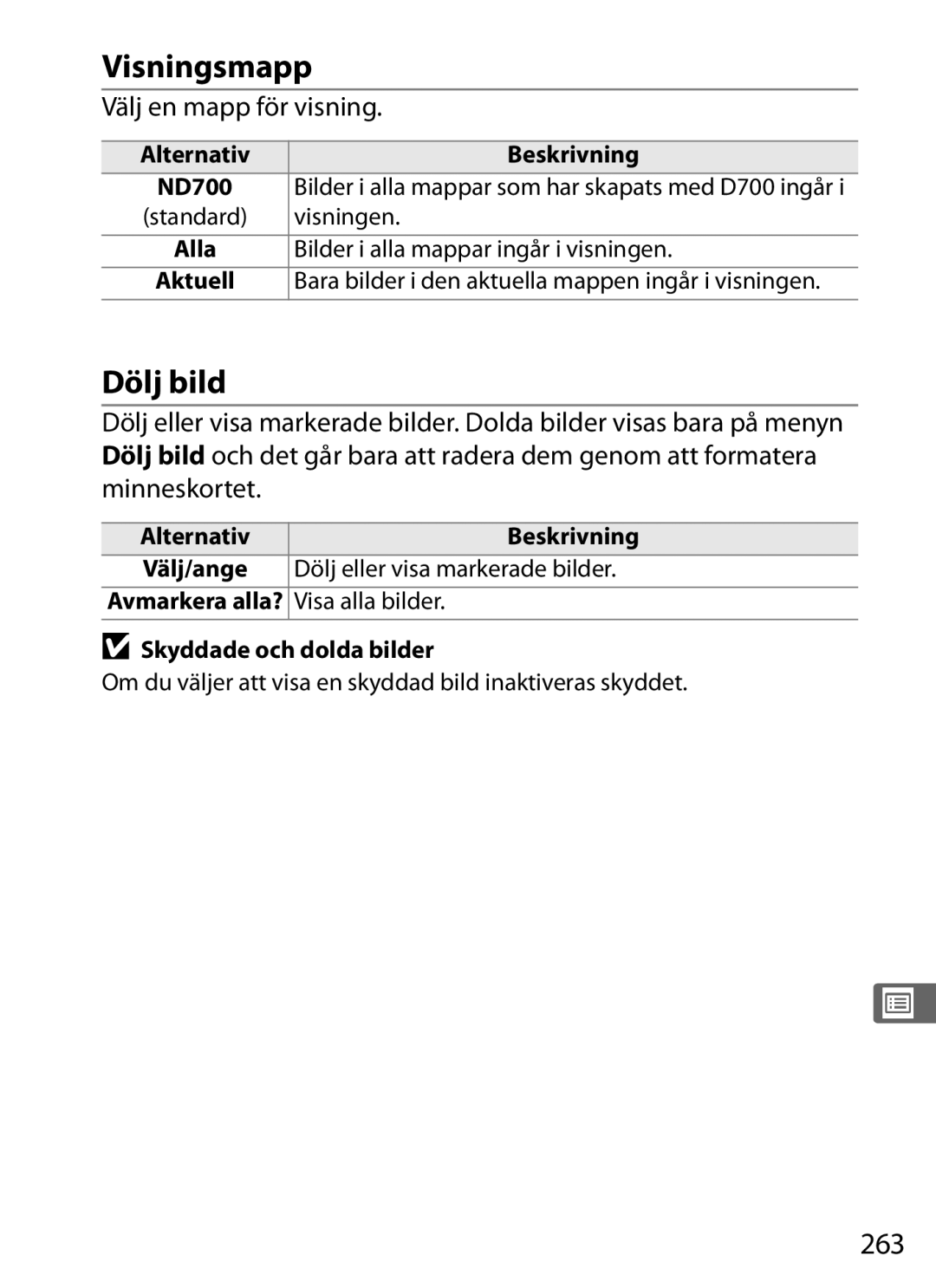Nikon D700 manual Visningsmapp, Dölj bild, 263, Välj en mapp för visning, Minneskortet 