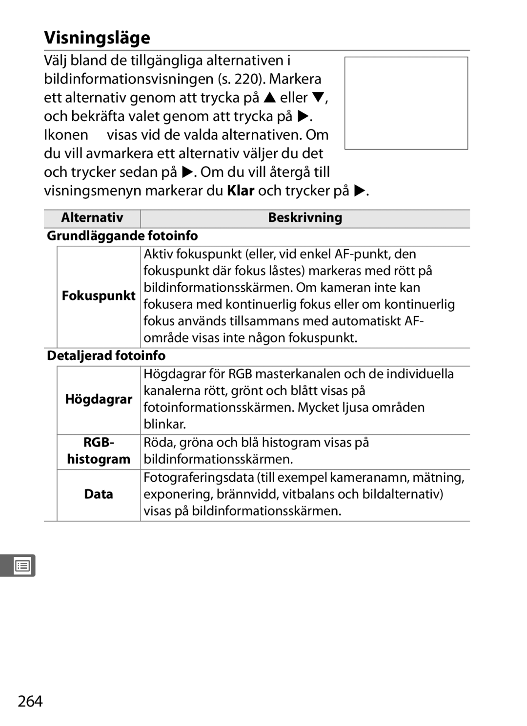 Nikon D700 manual Visningsläge, 264, Fotoinfo, Detaljerad fotoinfo, Data 