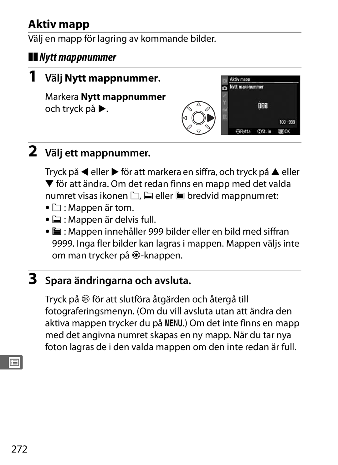 Nikon D700 manual Aktiv mapp, Välj Nytt mappnummer, Välj ett mappnummer, 272 