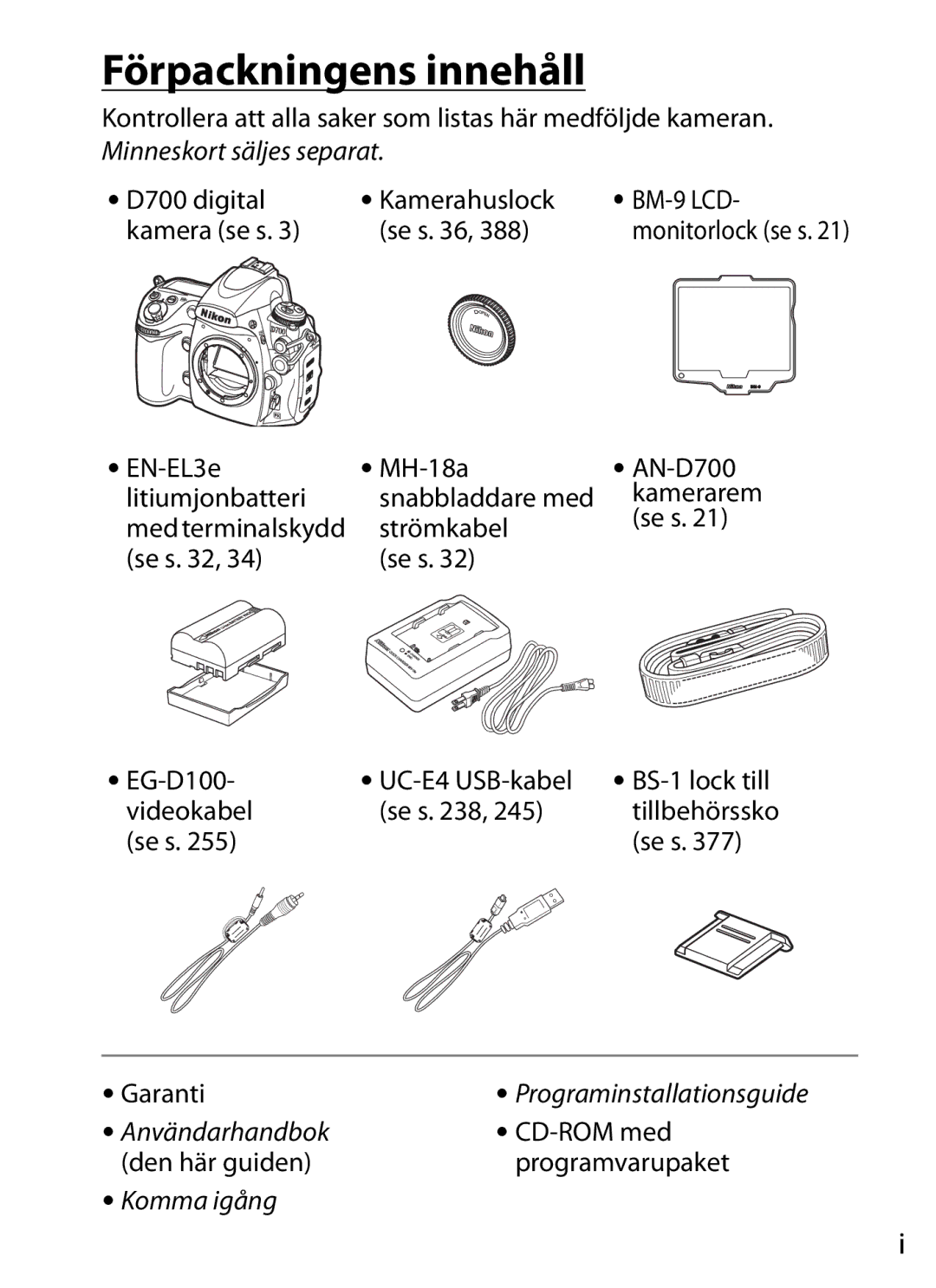 Nikon D700 manual Förpackningens innehåll 