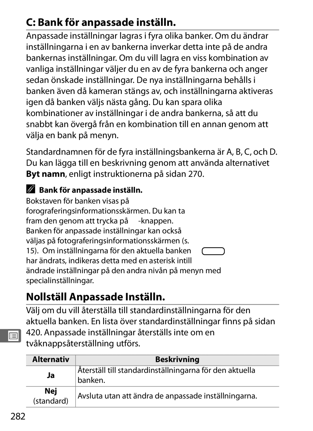 Nikon D700 manual Bank för anpassade inställn, Nollställ Anpassade Inställn, 282 