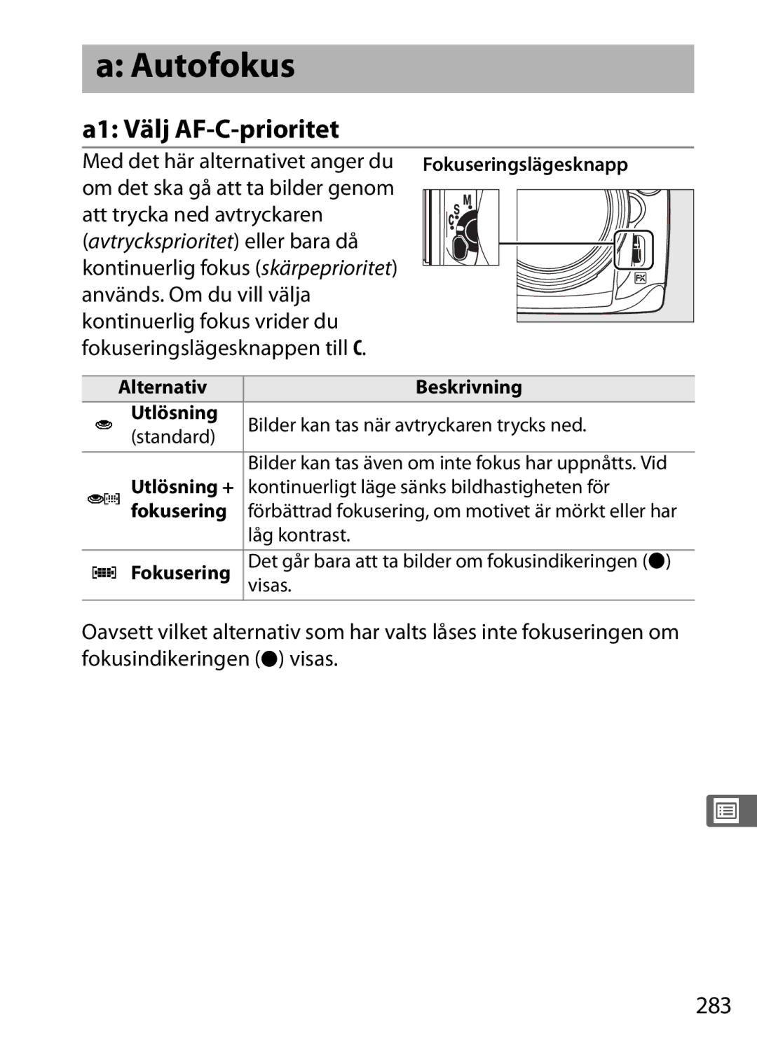 Nikon D700 manual Autofokus, A1 Välj AF-C-prioritet, 283 