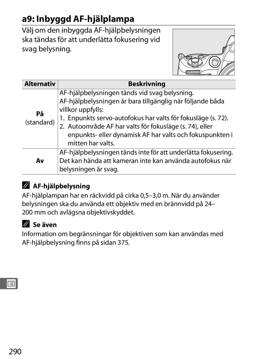 Nikon D700 manual A9 Inbyggd AF-hjälplampa, 290, AF-hjälpbelysning 