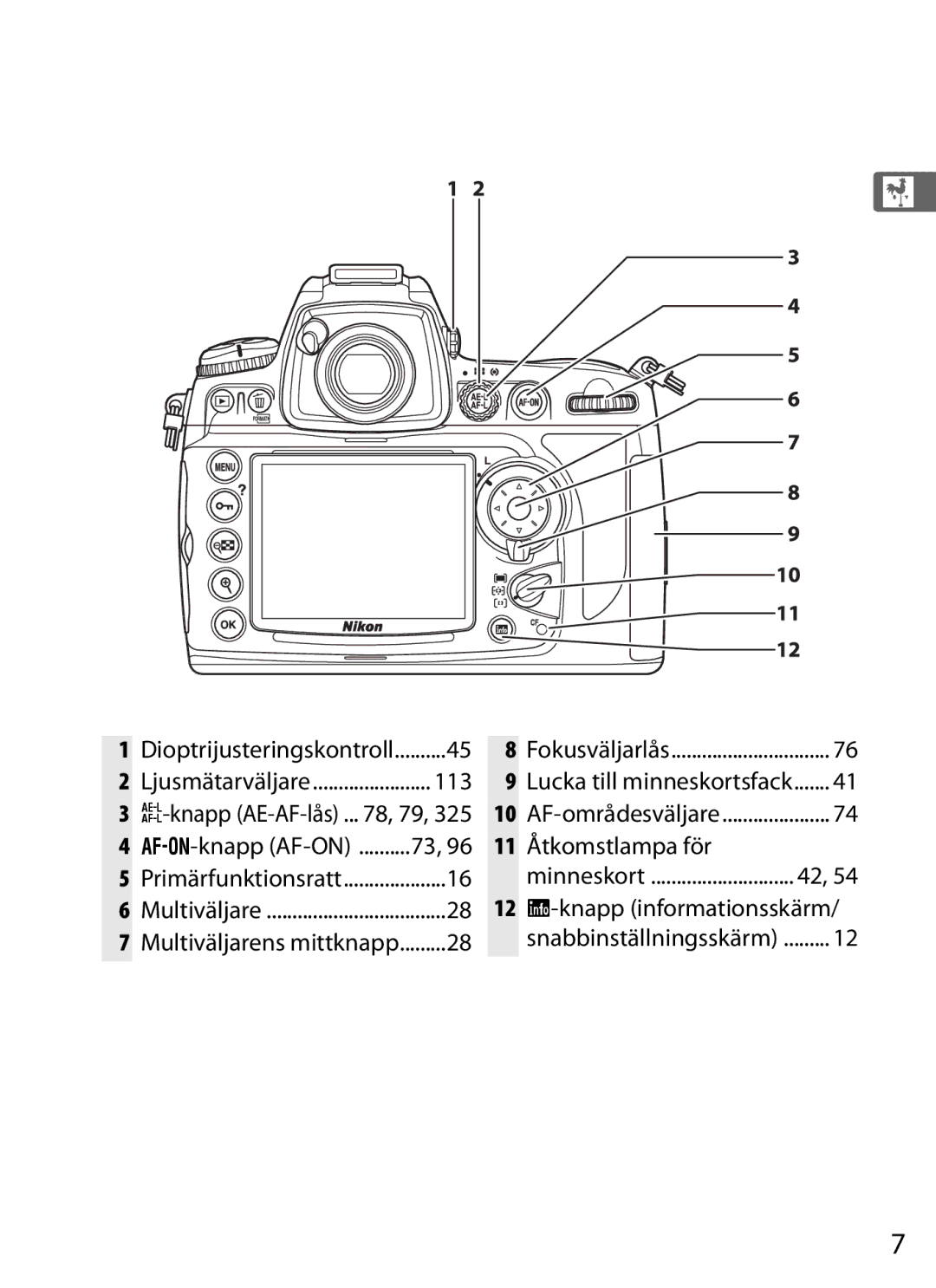 Nikon D700 manual 113, Knapp AF-ON Åtkomstlampa för, Knapp informationsskärm 