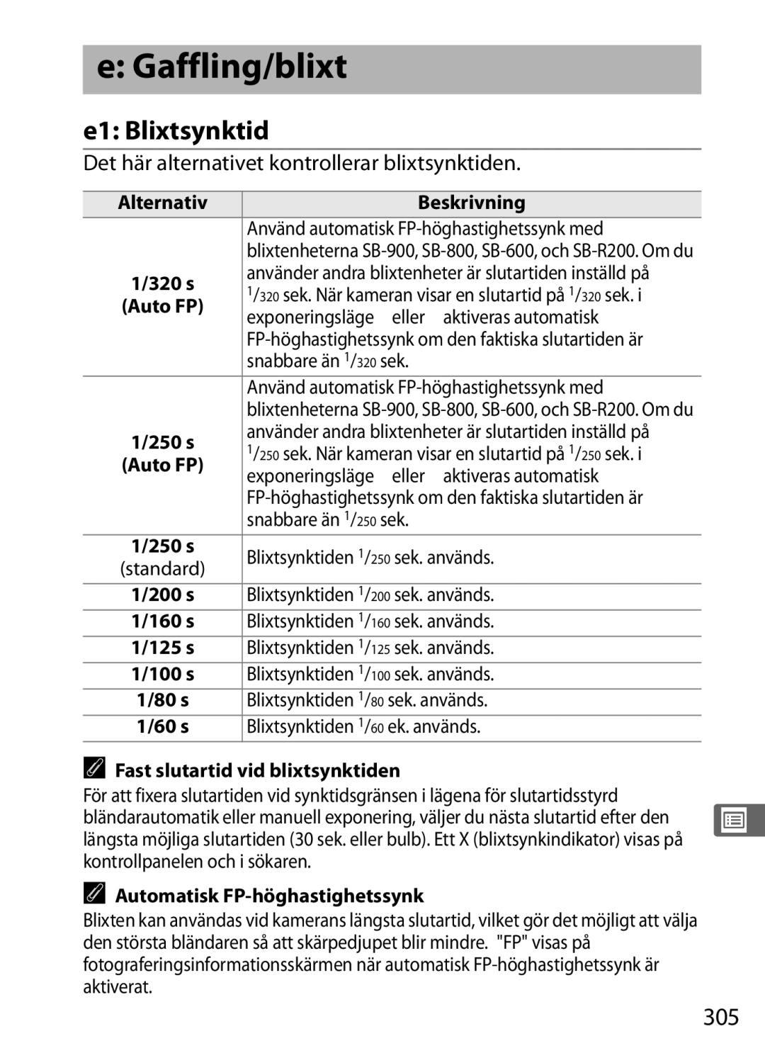 Nikon D700 manual Gaffling/blixt, E1 Blixtsynktid, 305, Det här alternativet kontrollerar blixtsynktiden 