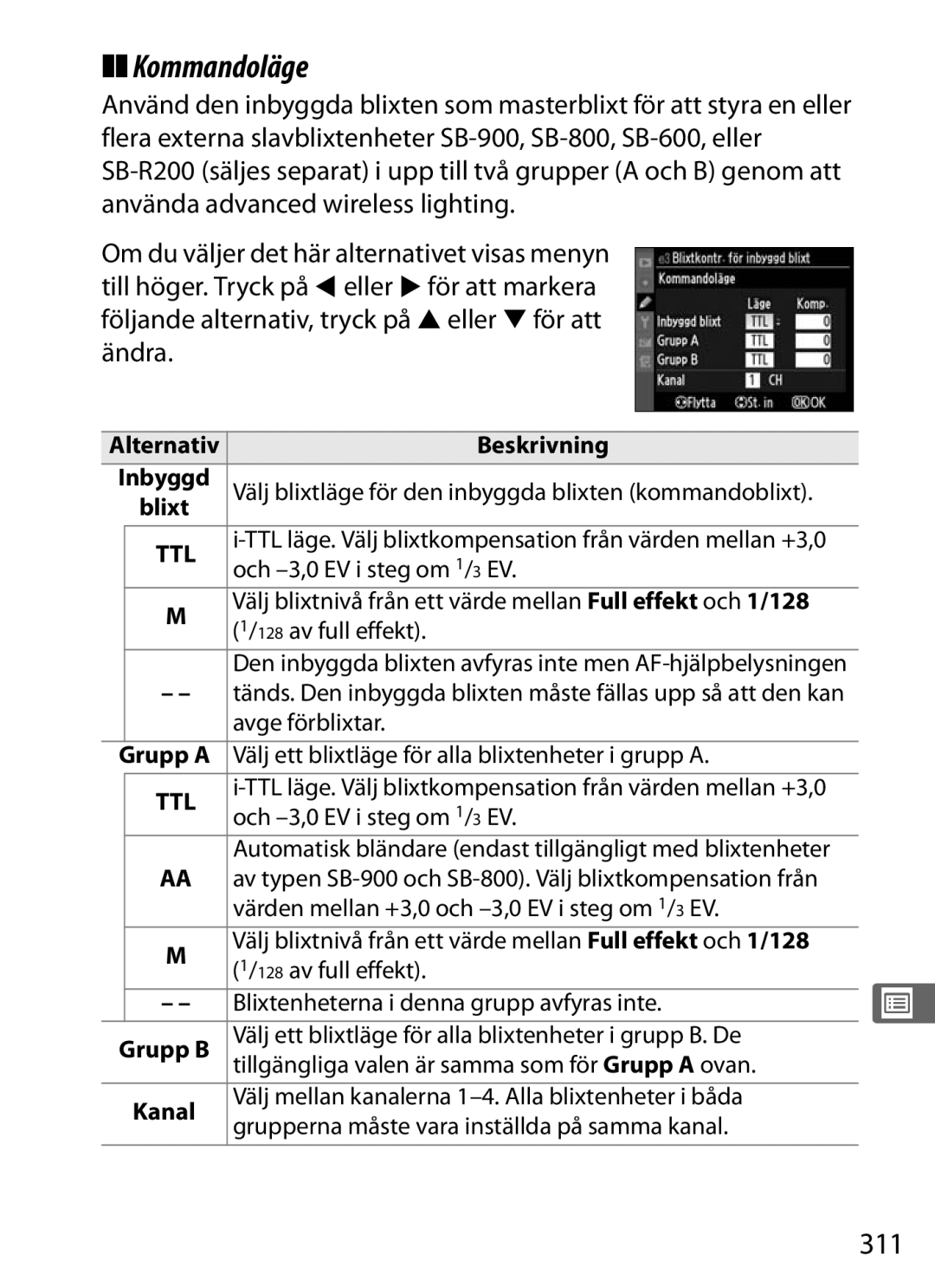 Nikon D700 Kommandoläge, 311, Inbyggd, Välj blixtläge för den inbyggda blixten kommandoblixt, Och -3,0 EV i steg om 1/3 EV 