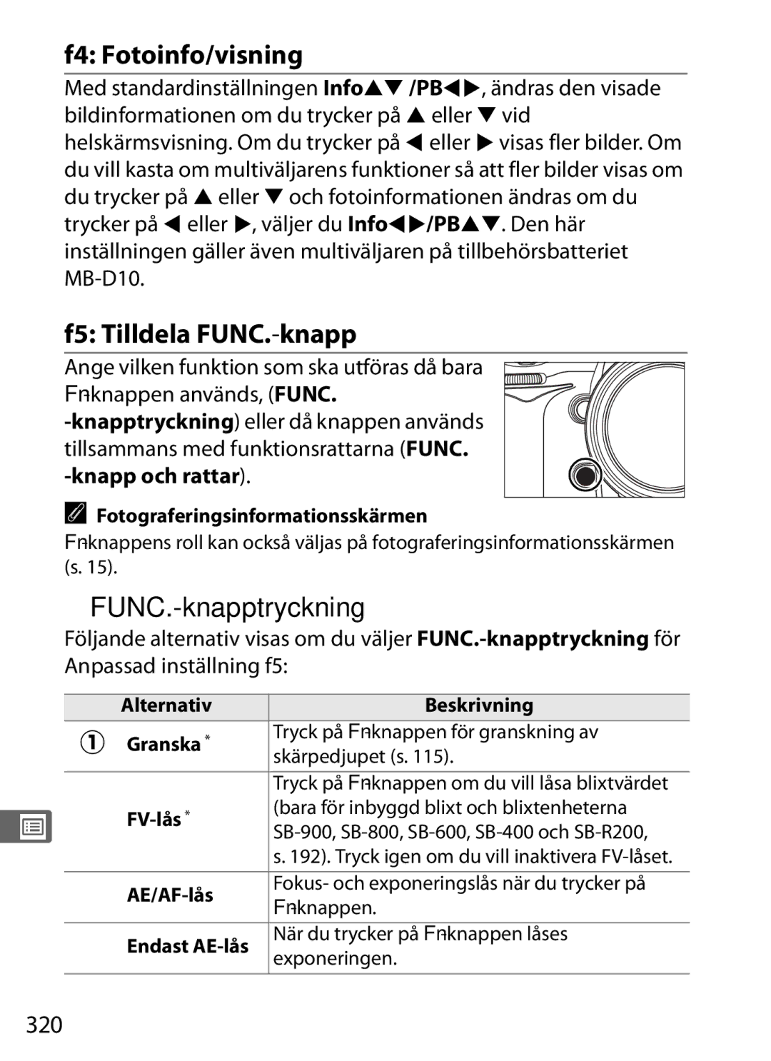 Nikon D700 manual F4 Fotoinfo/visning, F5 Tilldela FUNC.-knapp, FUNC.-knapptryckning, 320 