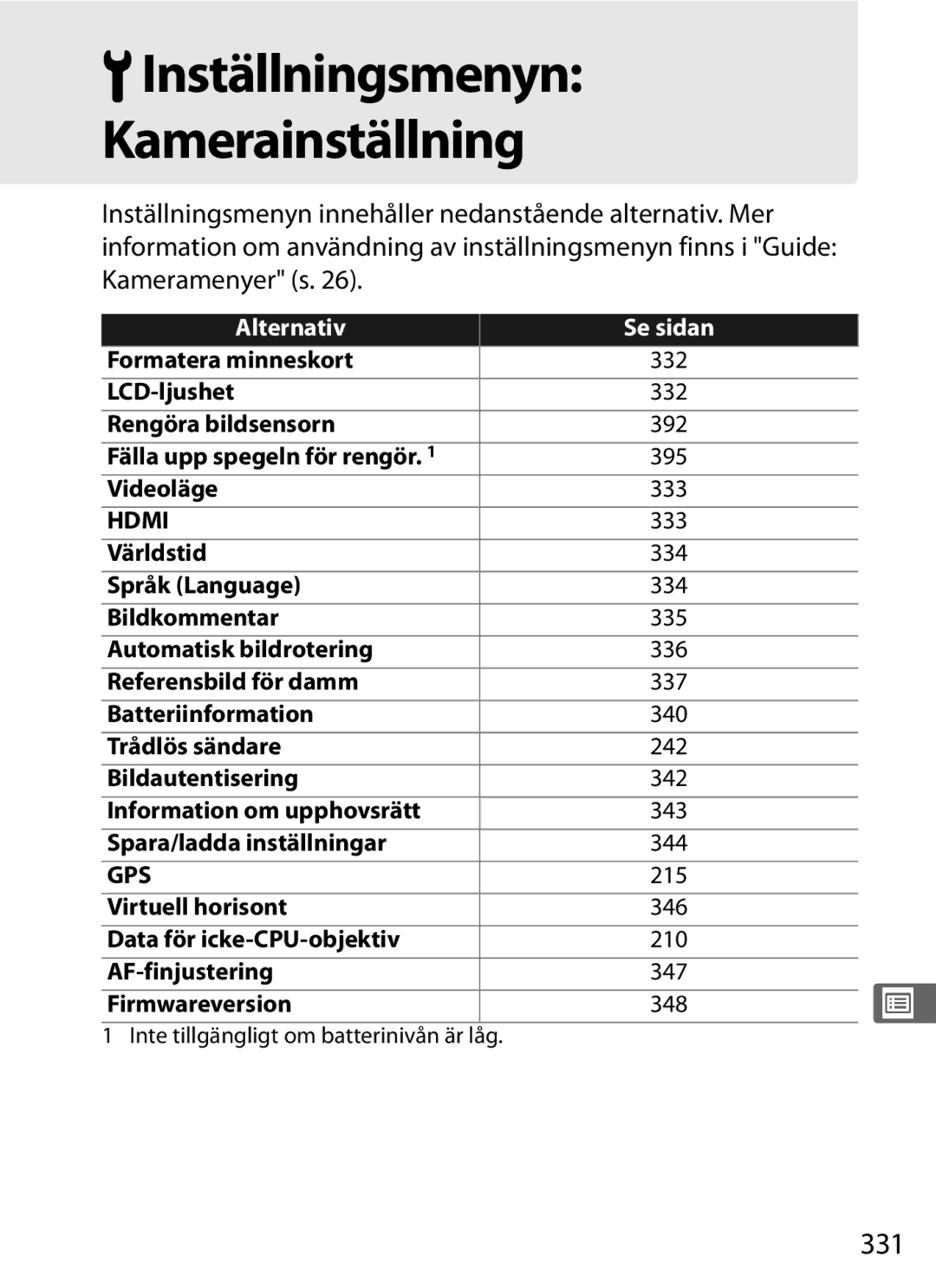 Nikon D700 manual Inställningsmenyn Kamerainställning, 331 