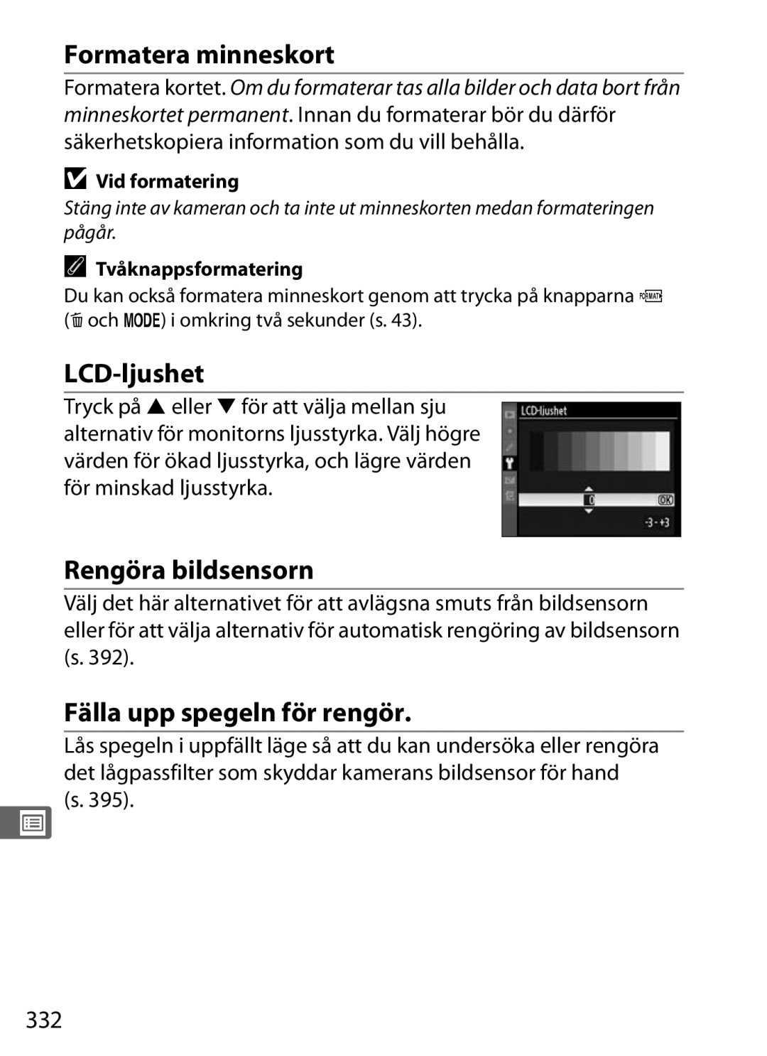 Nikon D700 manual Formatera minneskort, LCD-ljushet, Rengöra bildsensorn, Fälla upp spegeln för rengör, 332 