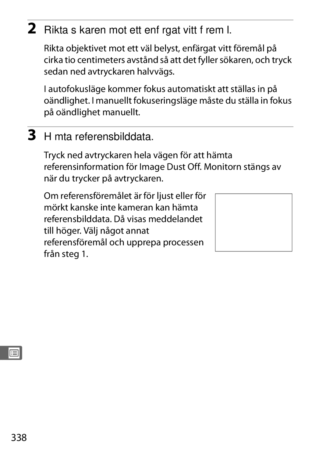 Nikon D700 manual Rikta sökaren mot ett enfärgat vitt föremål, Hämta referensbilddata, 338 