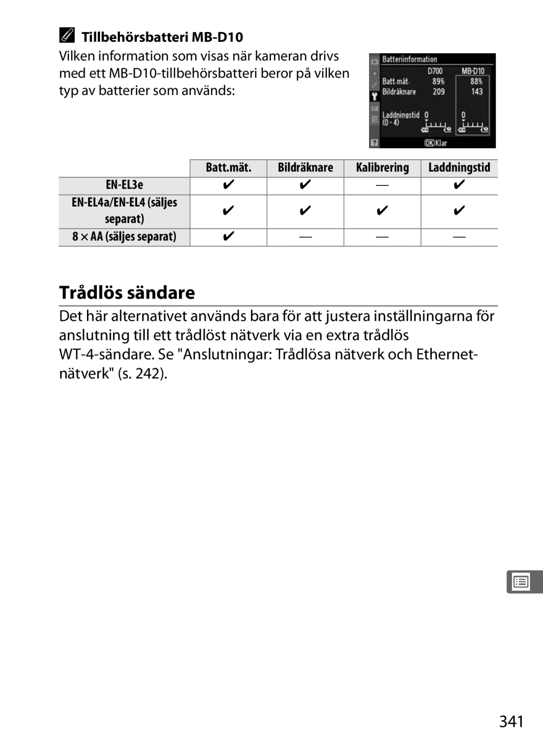 Nikon D700 manual Trådlös sändare, 341, Tillbehörsbatteri MB-D10, Batt.mät 