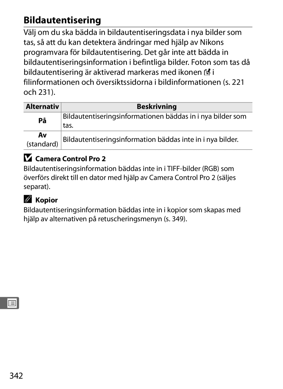 Nikon D700 manual Bildautentisering, 342, Tas 